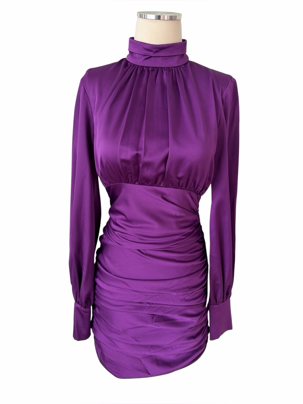 JAY GODFREY Violet Satin Long-Sleeve Ruched Mini Dress Sz 4
